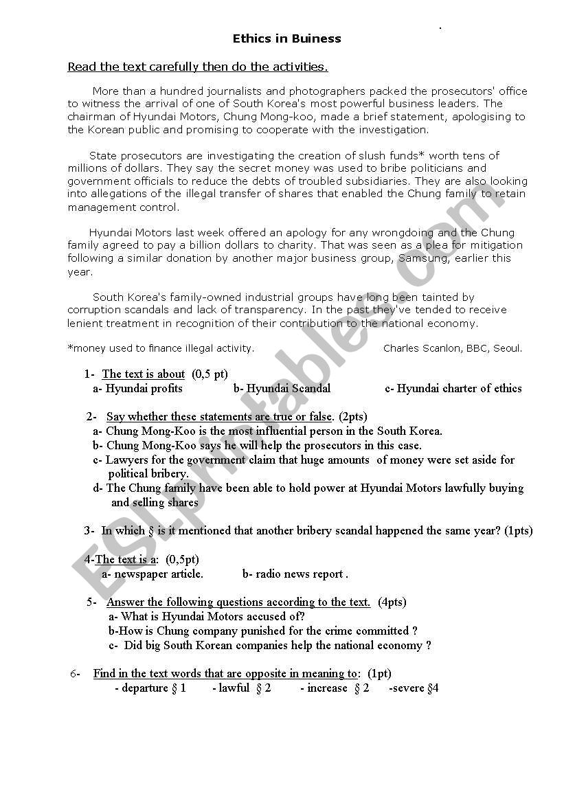 Ethics in business worksheet