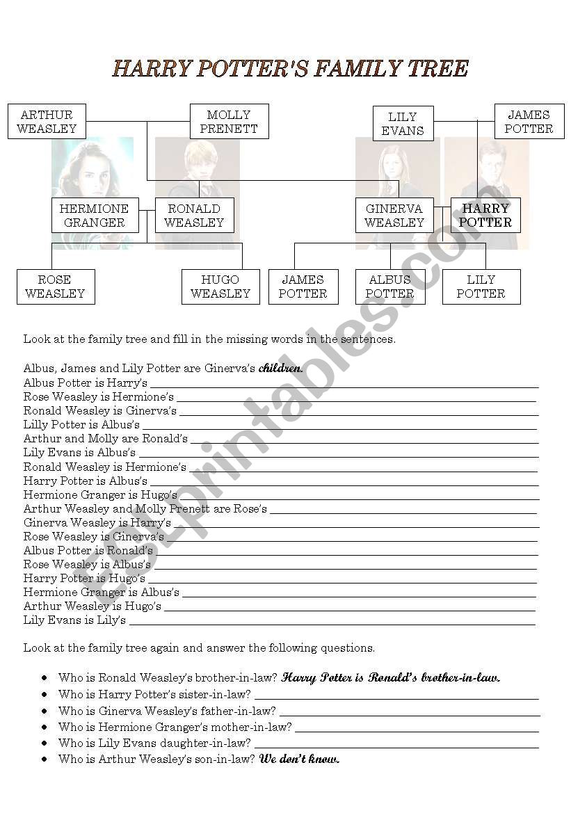 Harry Potters family tree worksheet