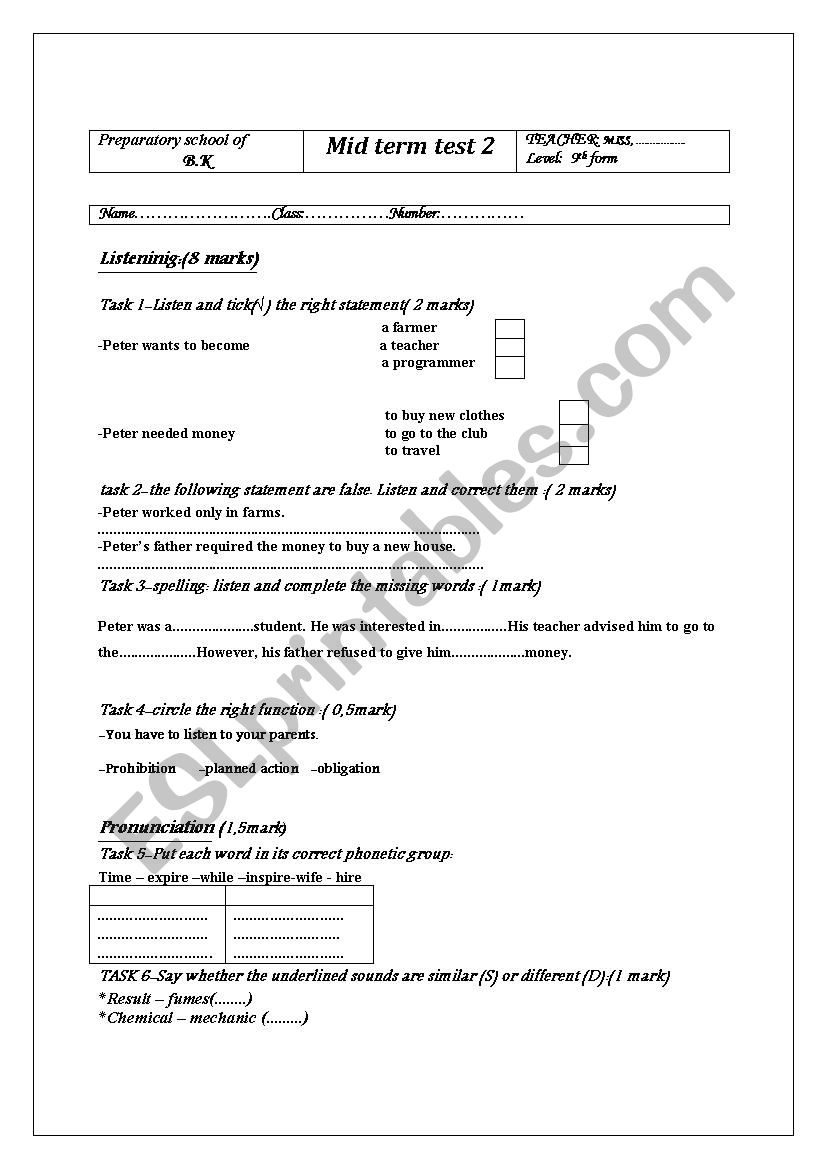 mid-term test worksheet