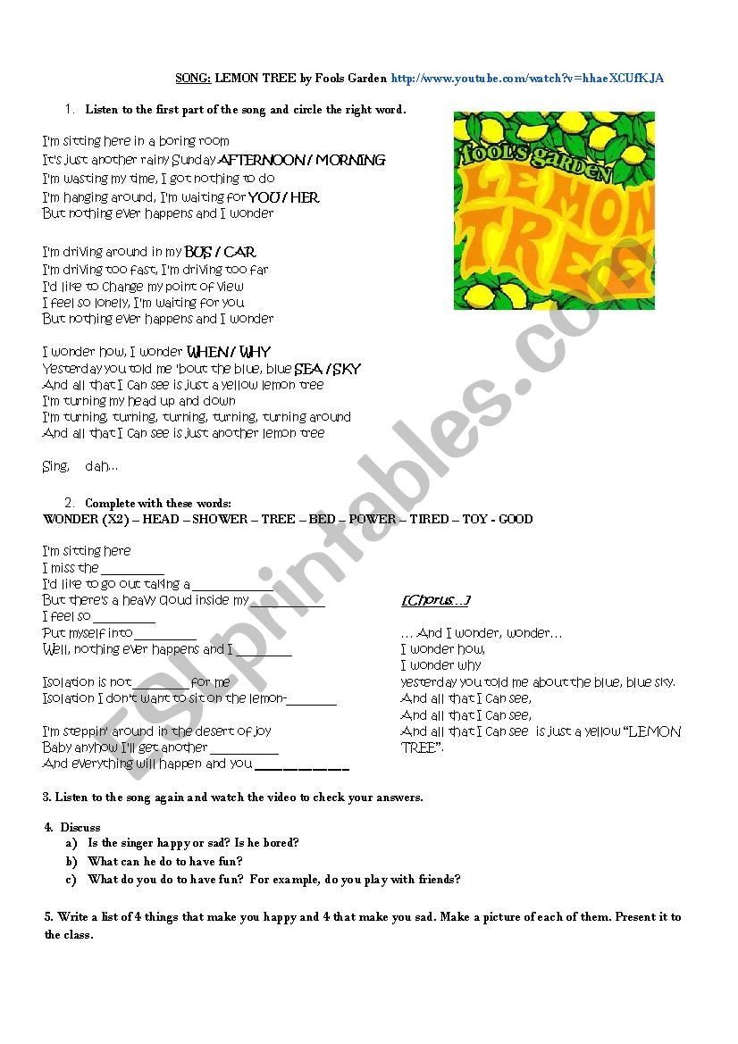 Lemon Tree by Fools Garden worksheet