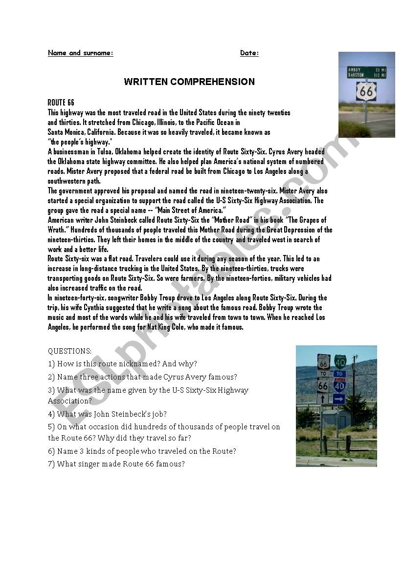 ROUTE 66: comprehension worksheet