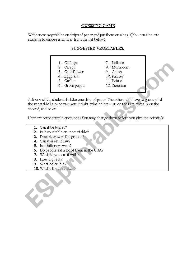 Guessing game vegetables worksheet