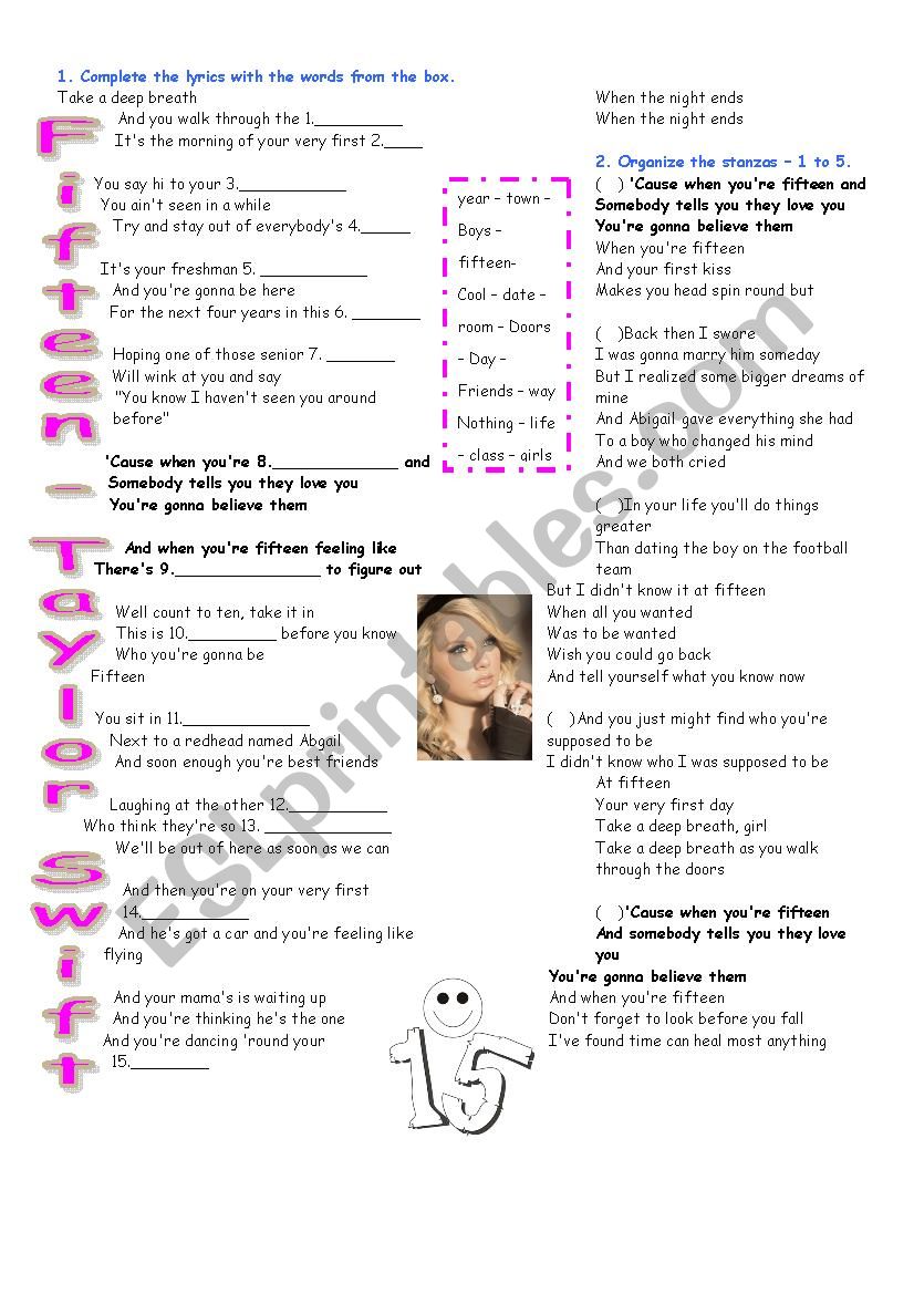 Fifteen - by Taylor Swift worksheet