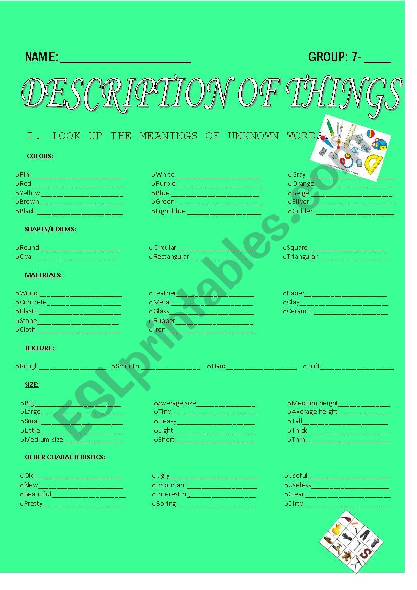 DESCRIPTION OF THINGS worksheet