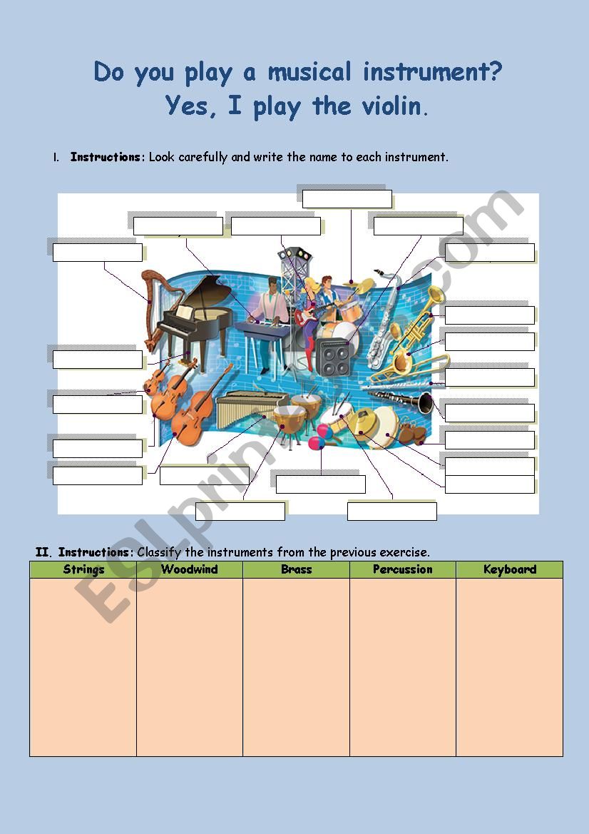 Musical instruments worksheet