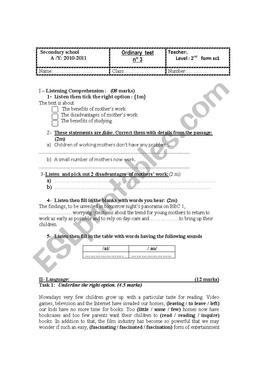 it is a mid term test n 3 for 2nd formers 