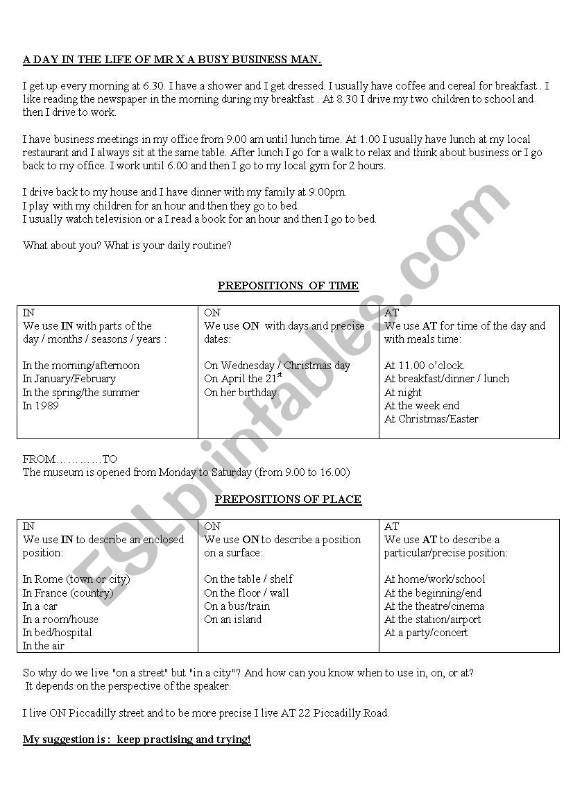 Simple present and Prepositions