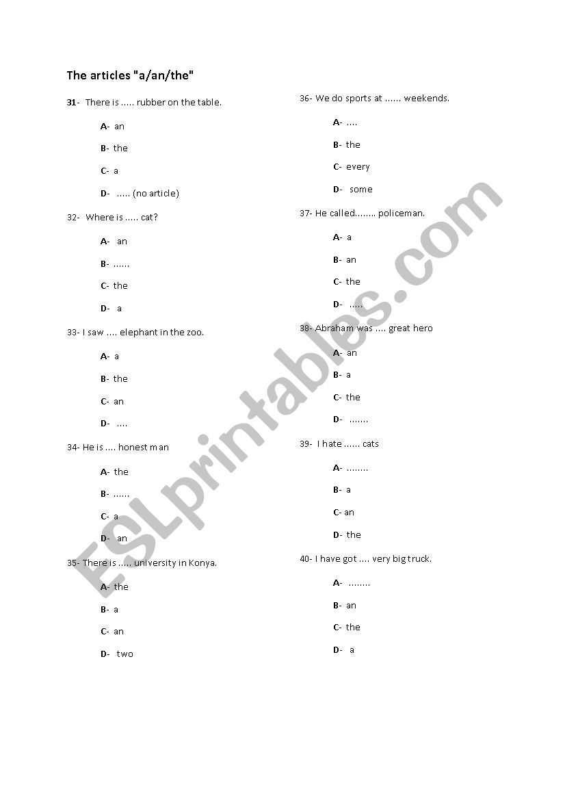 the articles  worksheet