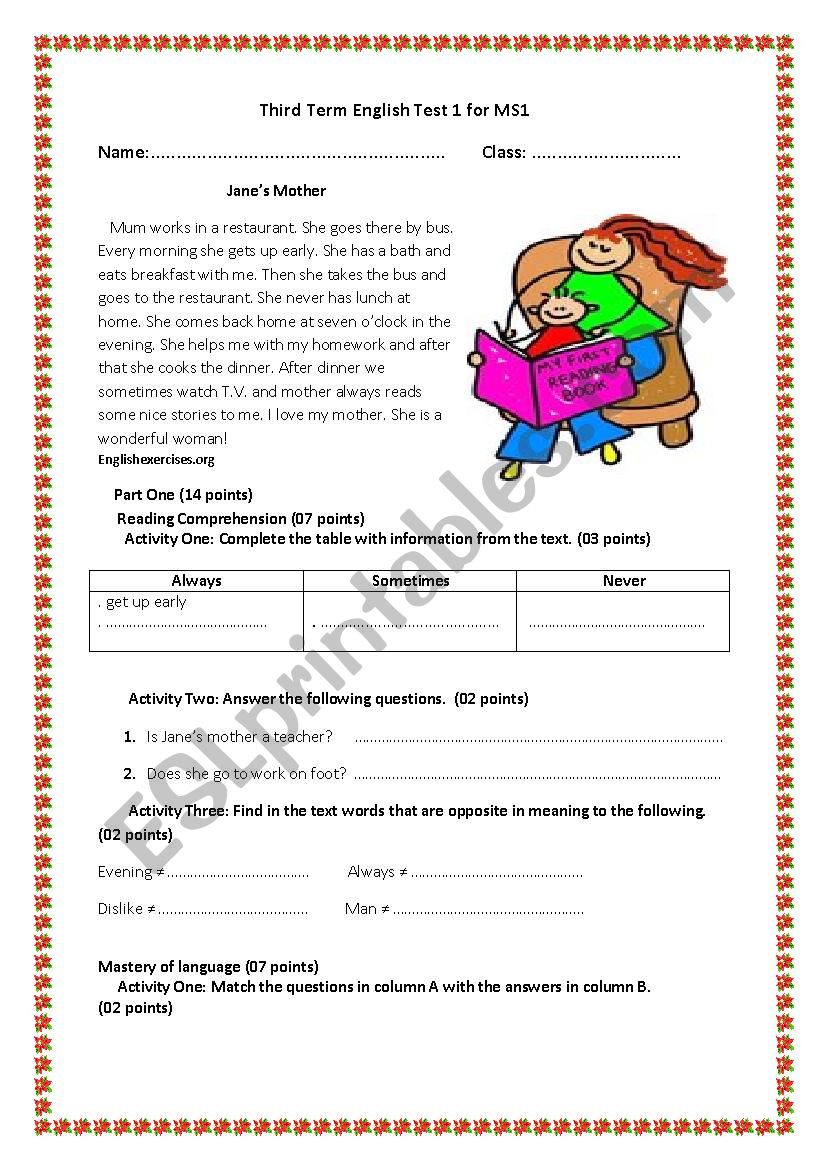 Janes Mother worksheet