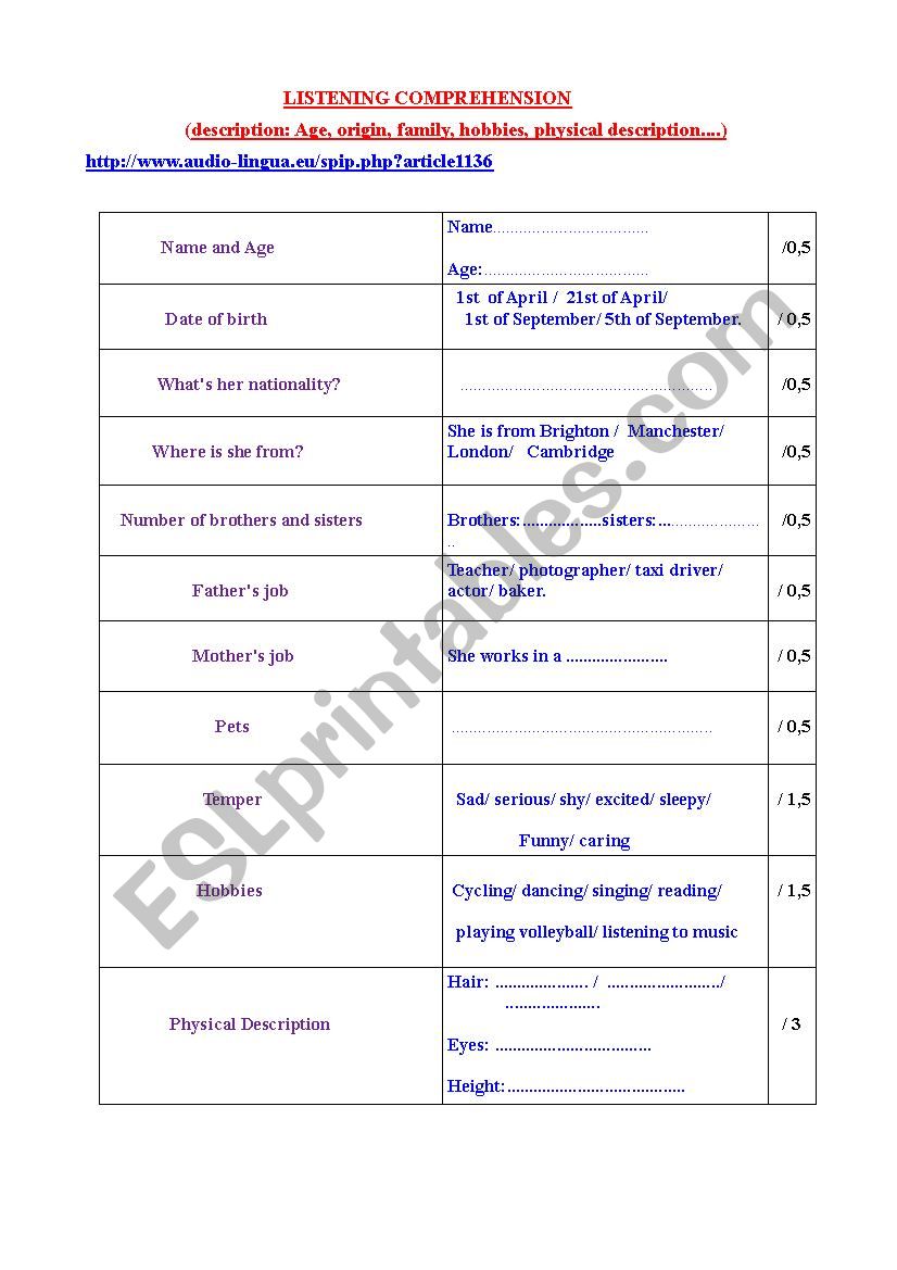 listening comprehension worksheet