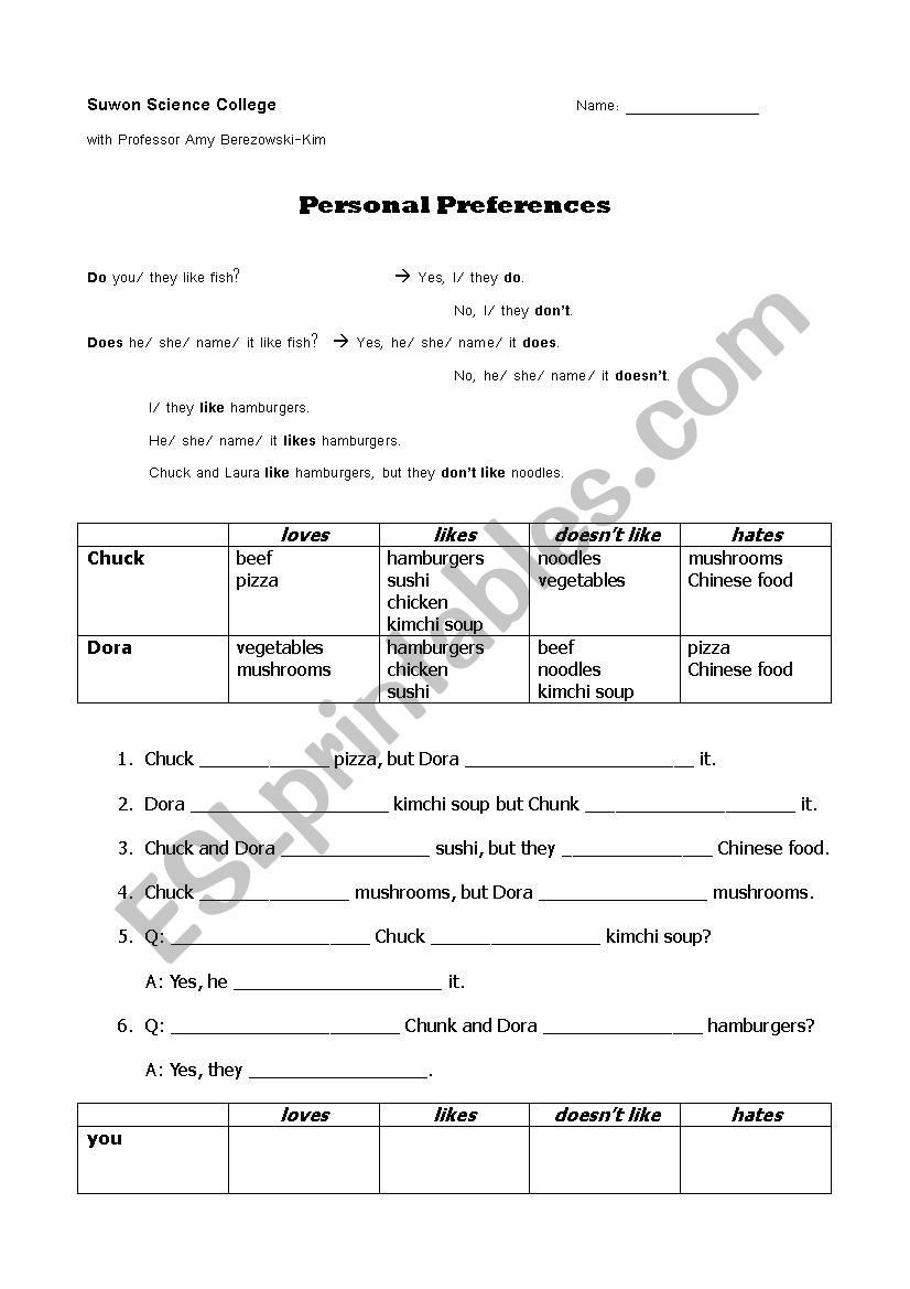 Likes and Dislikes worksheet