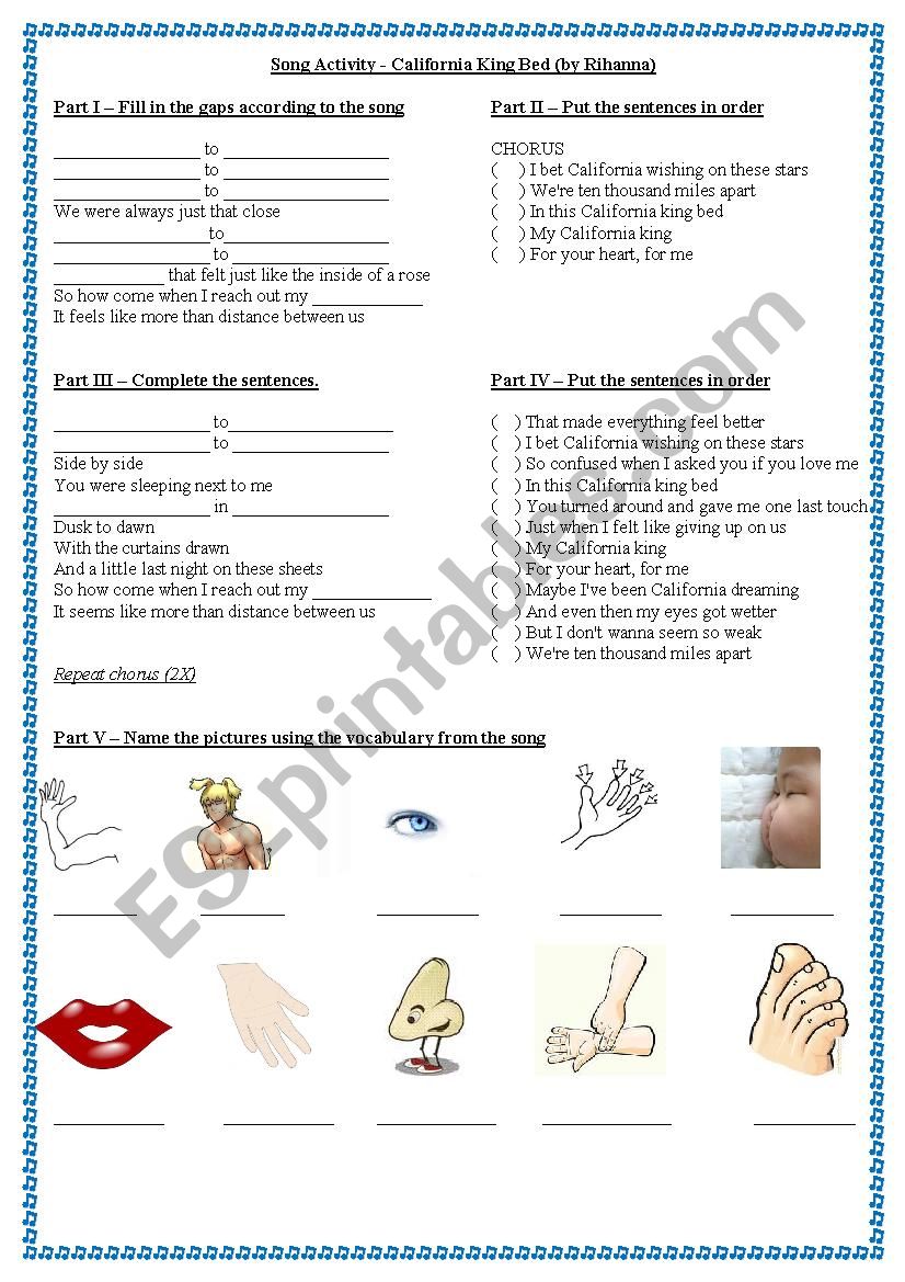 Song - California King Bed worksheet