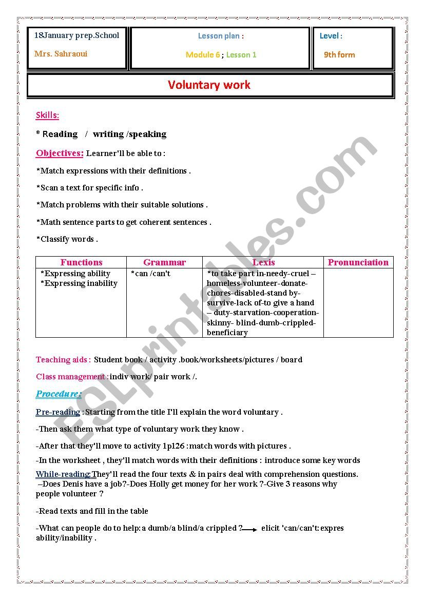 lesson plan of the worksheet voluntary work