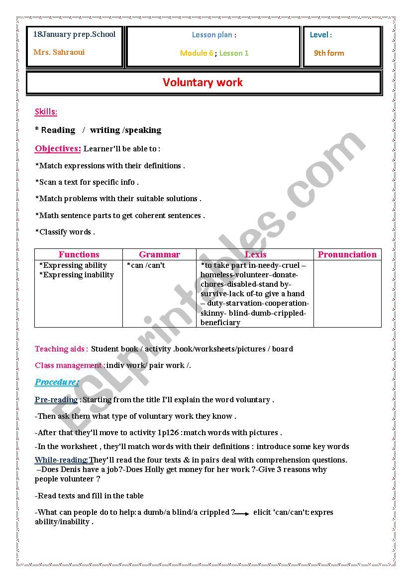 lesson plan of the worksheet Â´voluntary workÂ´