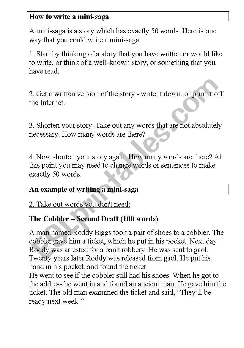 How to write a mini-saga worksheet