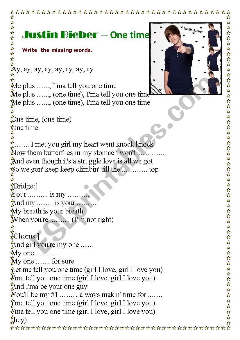 one time by Justin Bieber worksheet