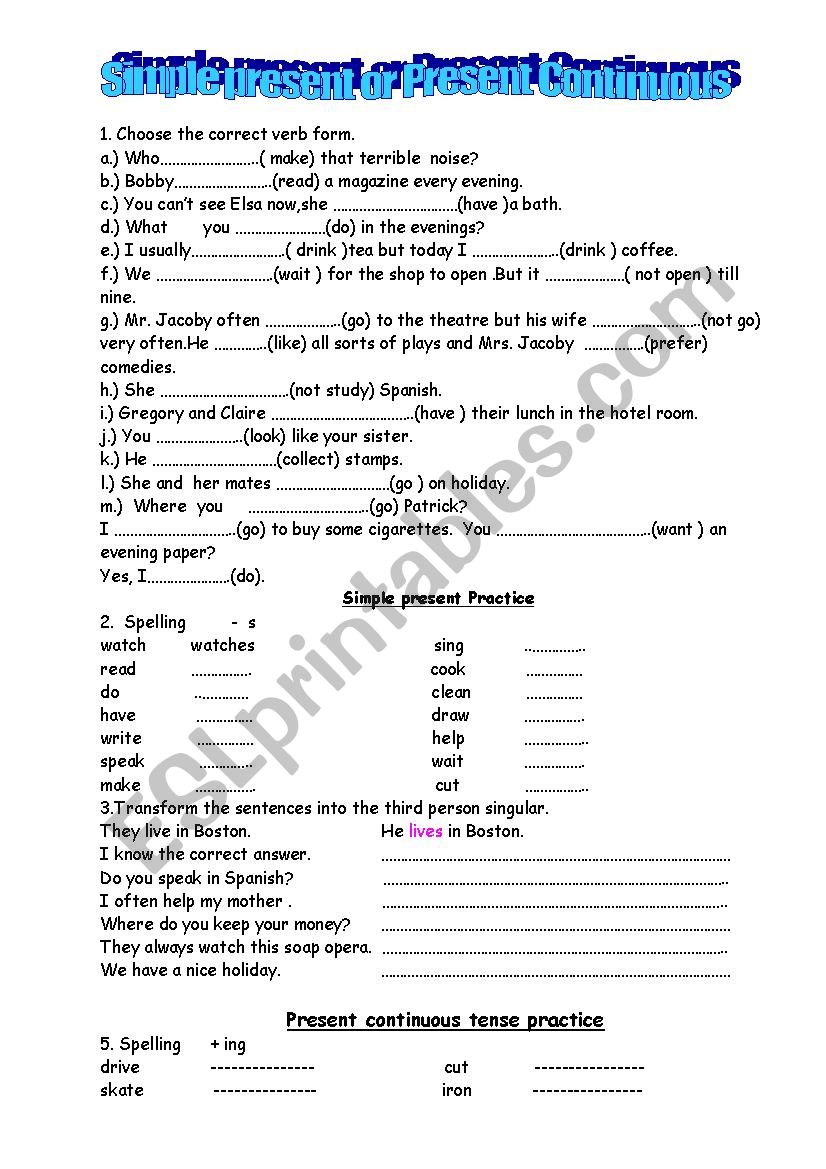 present continuous and simple worksheet