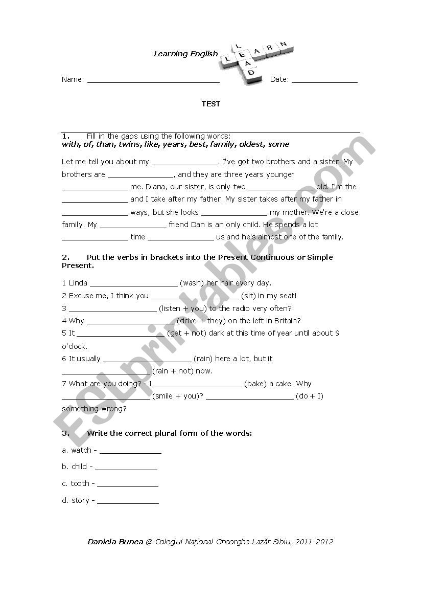 Evaluation Test A1 worksheet