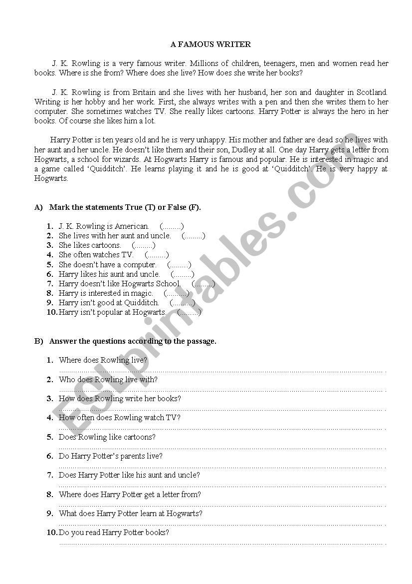 Simple Present Tense - Reading Passage - A Famous Writer