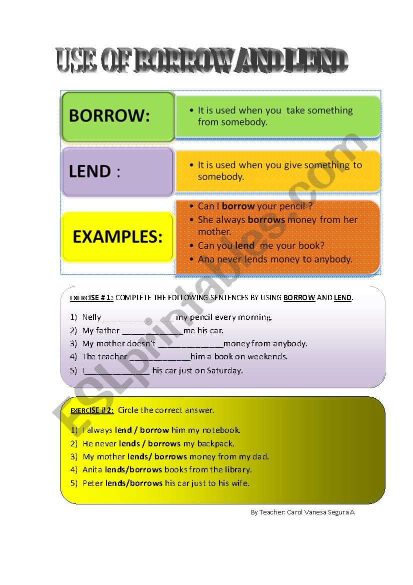 use of lend and borrow worksheet
