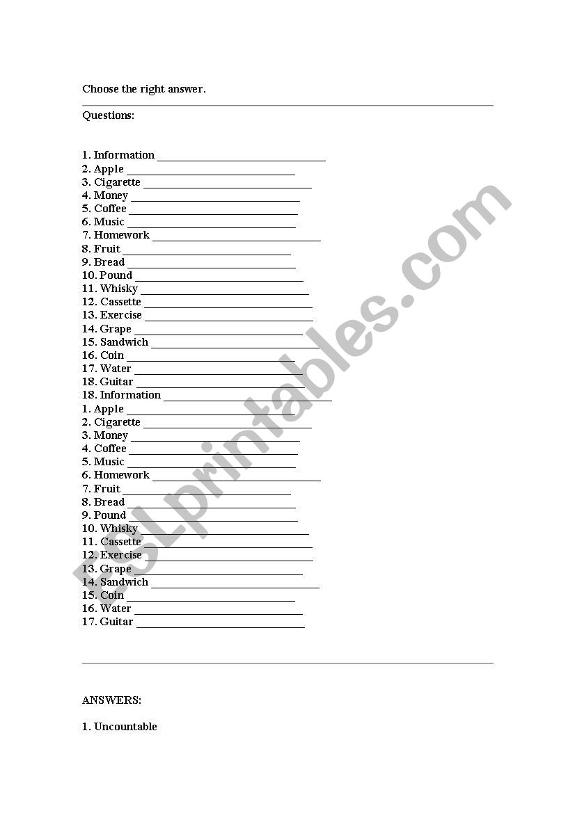 Countable and uncountables worksheet