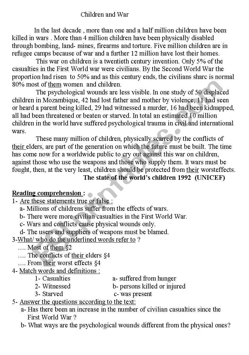 Children and War worksheet