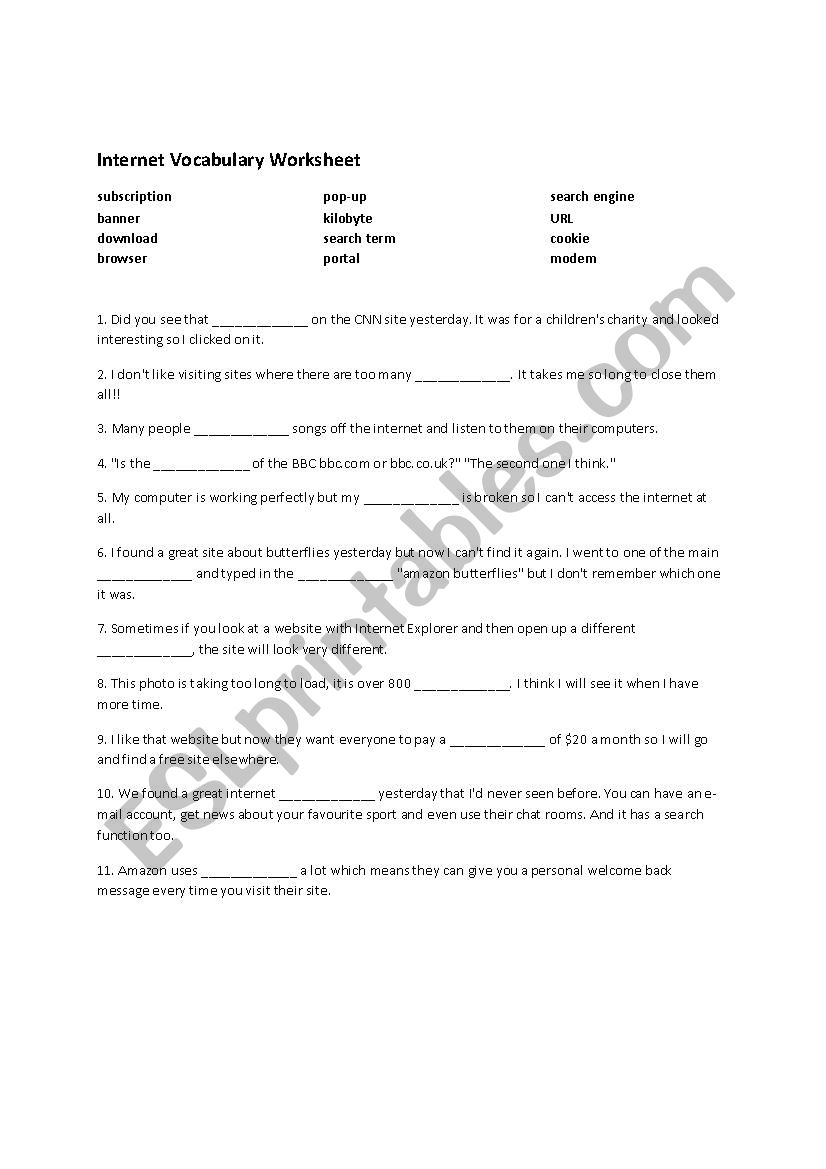 Internet Vocabulary Worksheet worksheet