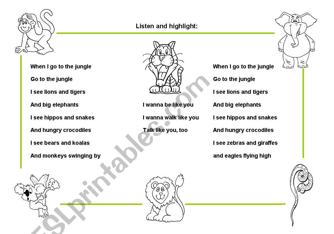 jungle song worksheet