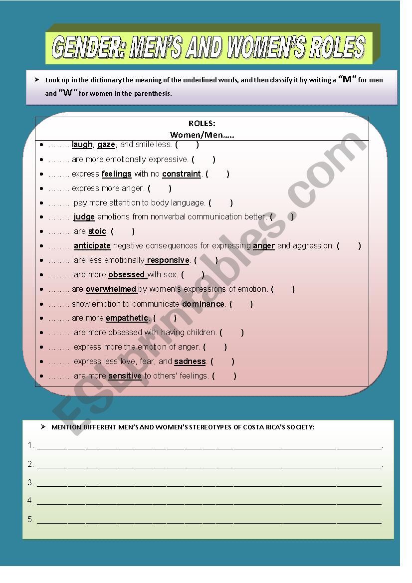 MENÂ´S AND WOMENÂ´S ROLES  worksheet