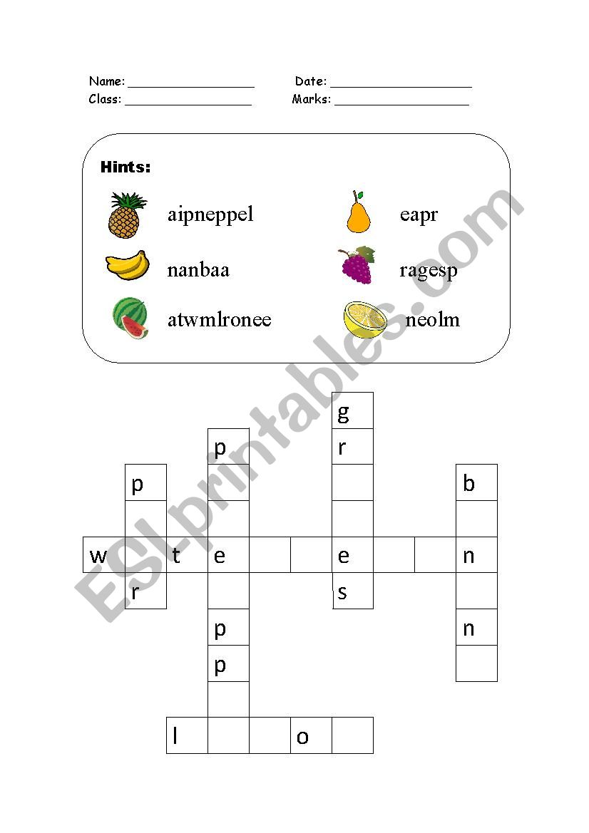 Fruit crossword worksheet