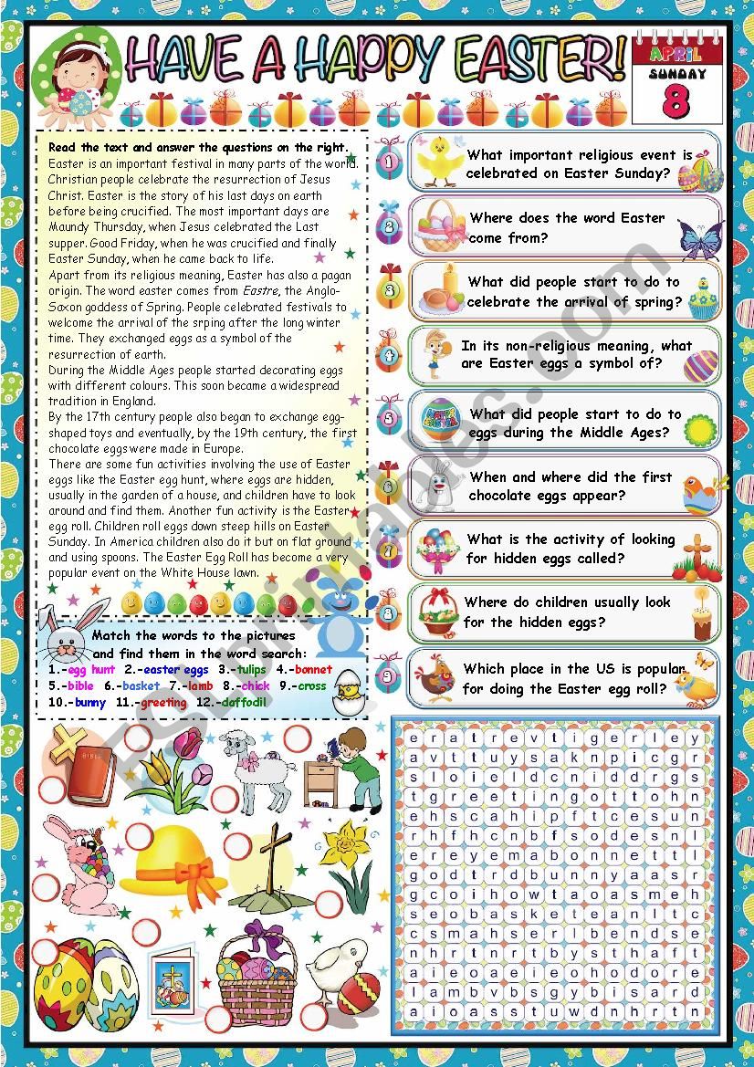 HAVE A HAPPY EASTER- READING AND COMPREHENSION+ WORDSEARCH