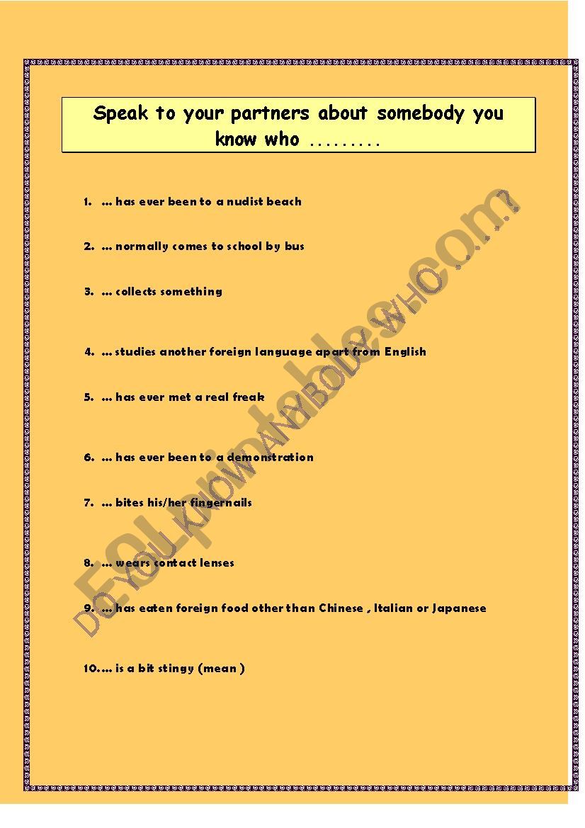 Do you know anybody who...? worksheet