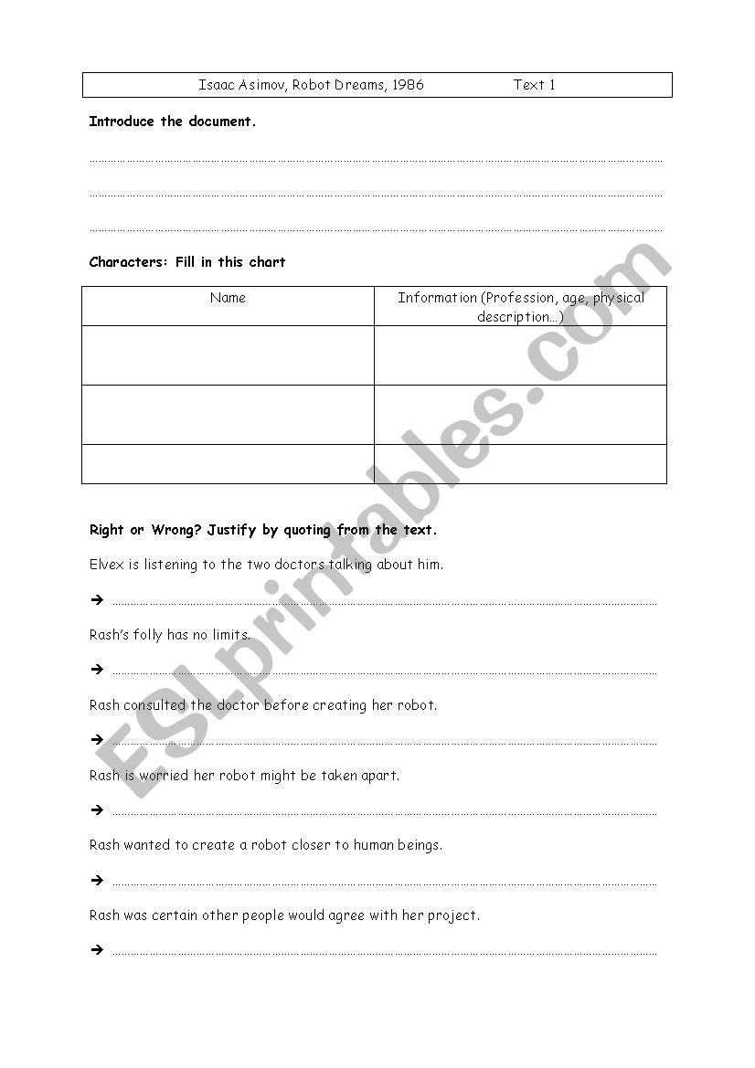 Robot Dreams by Asimov worksheet 1