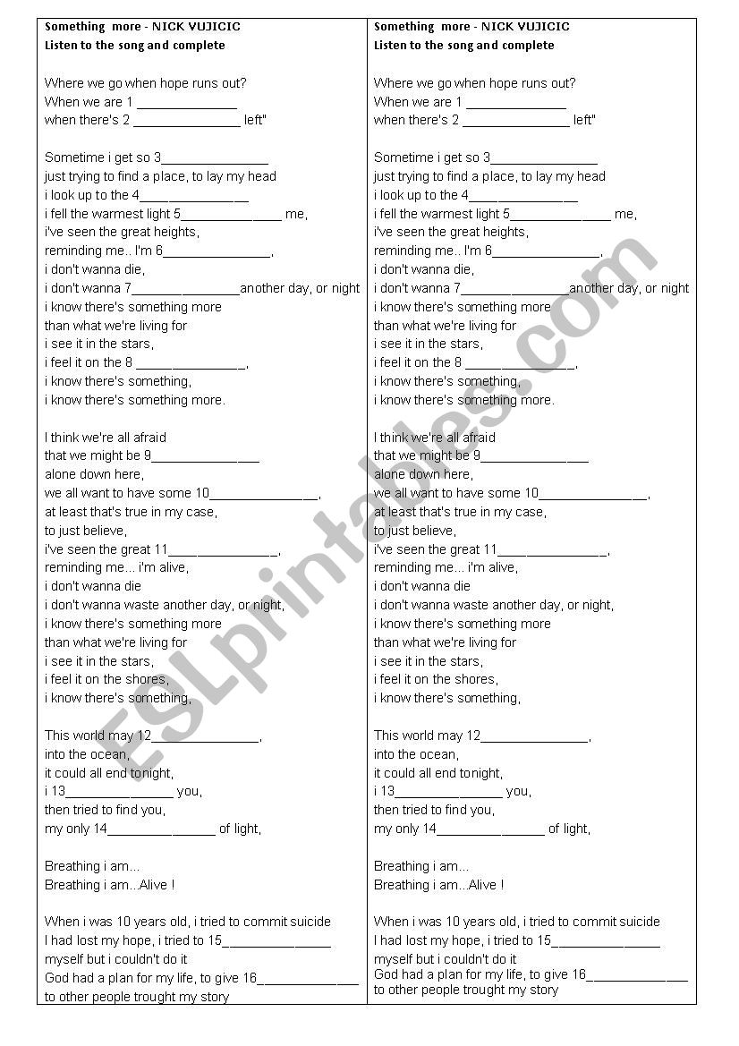 Something more - Nick Vujicic worksheet