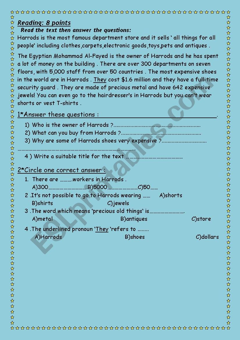 English exam worksheet