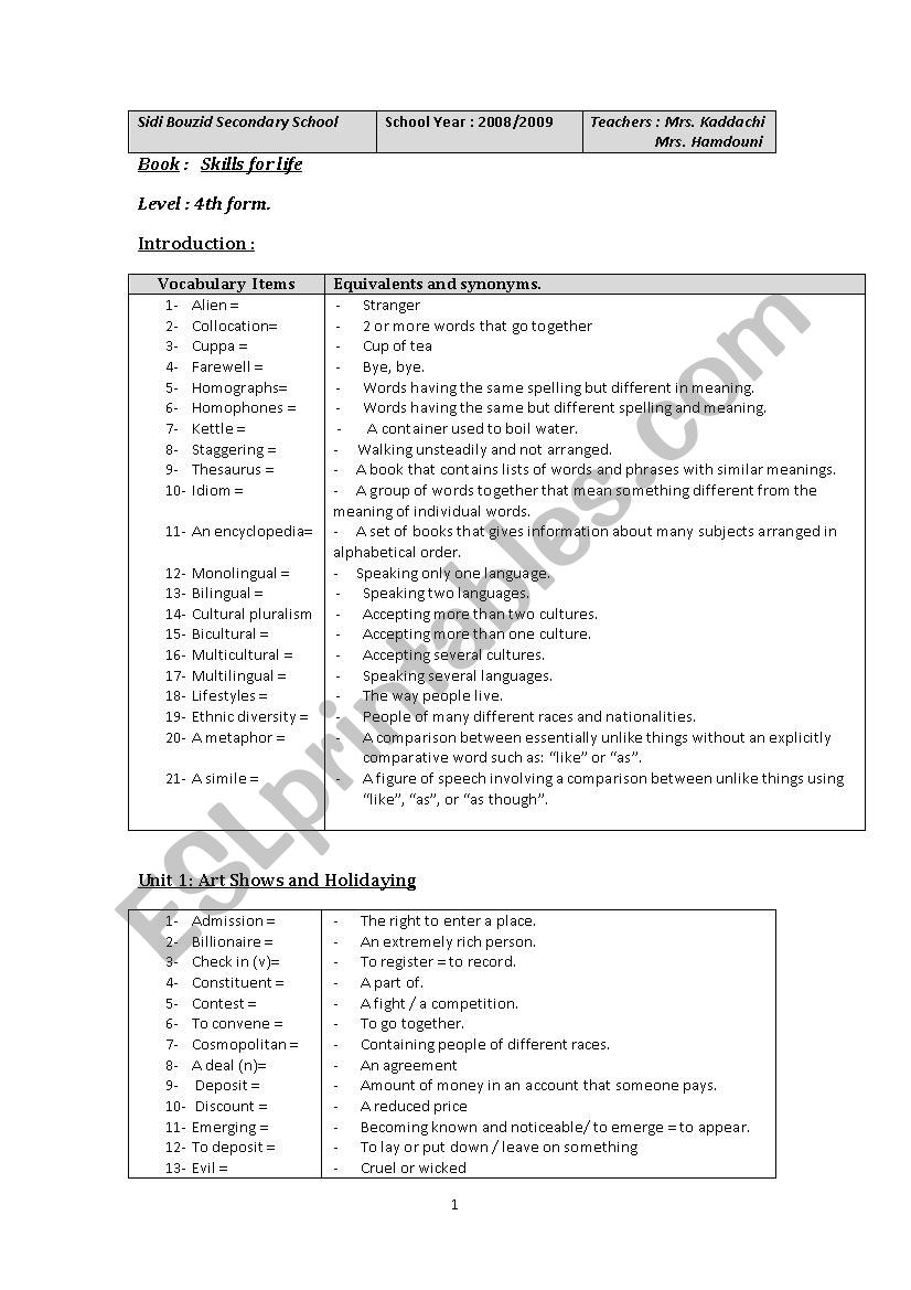 vocabulary revision for 4th form 