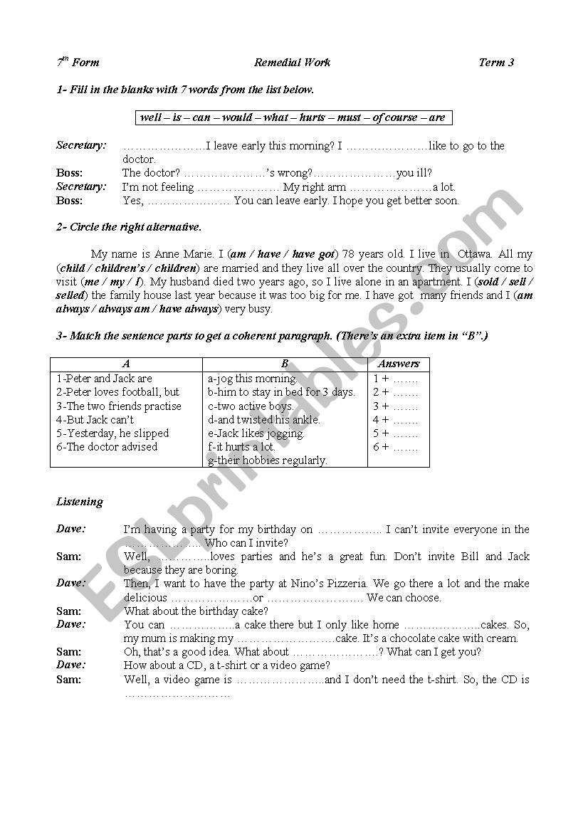 remedial Work 7 th Form worksheet