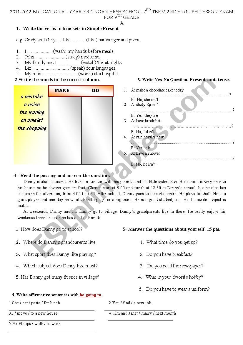 9 Grade exam worksheet