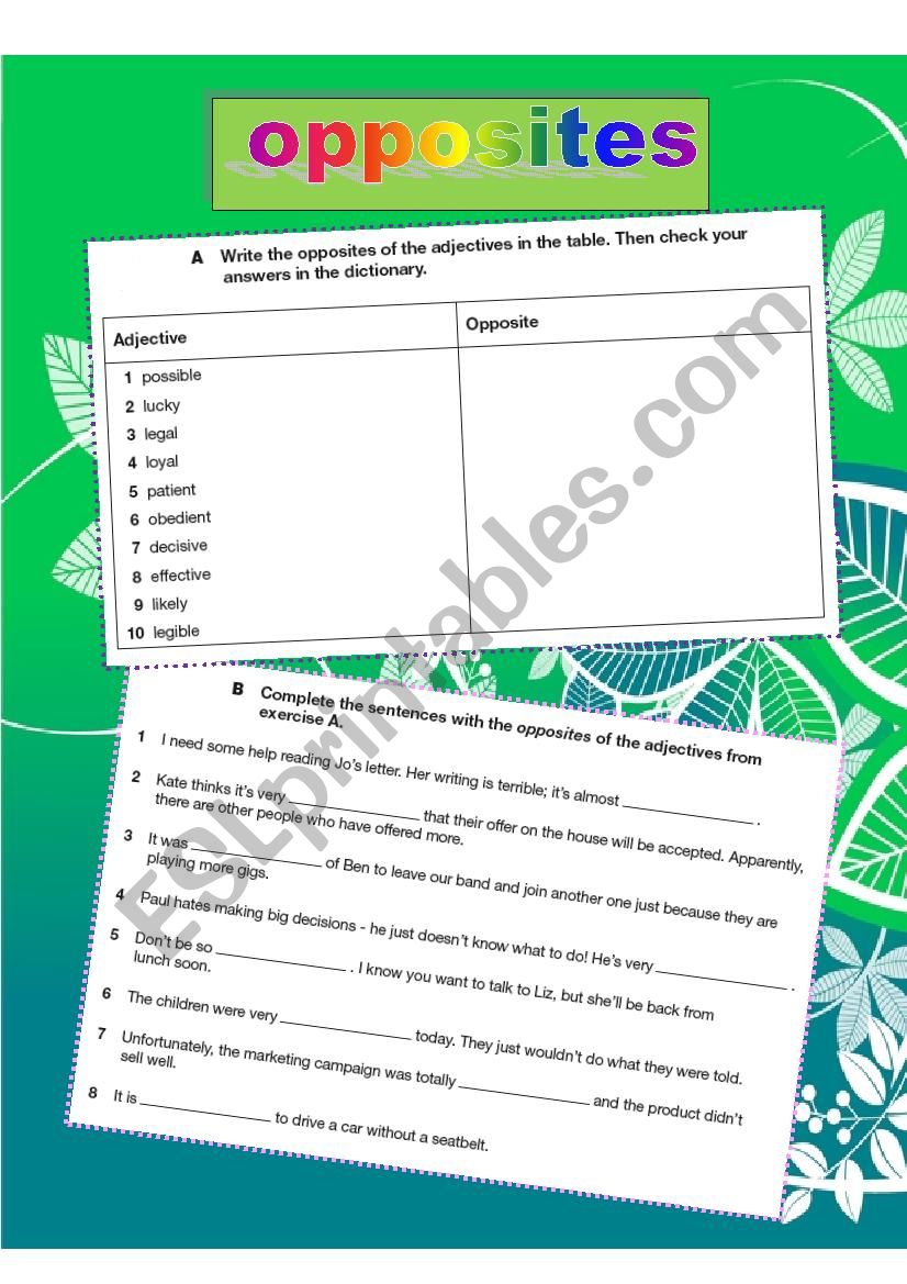 Opposites worksheet