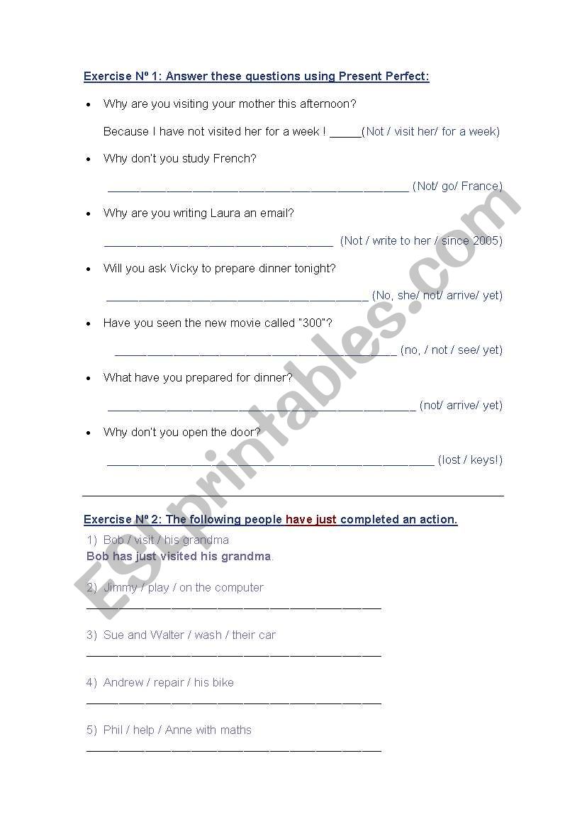 Present Perfect, exercises worksheet