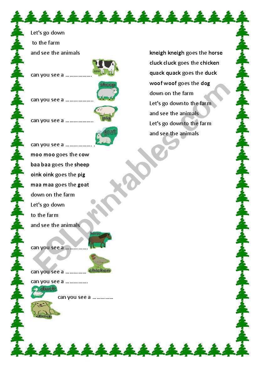 farm animals song  worksheet