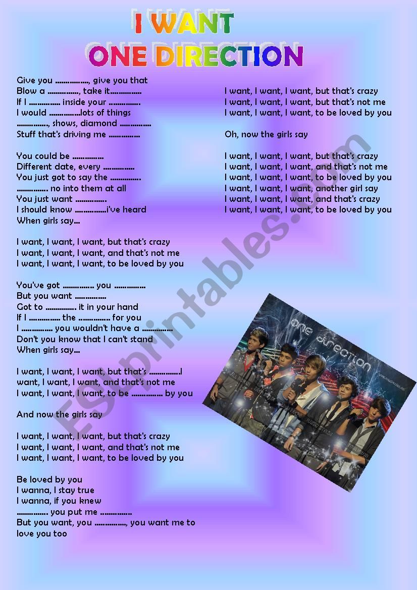 I want - One direction worksheet