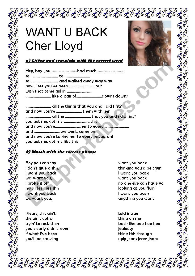 Want U back - Cher Lloyd worksheet