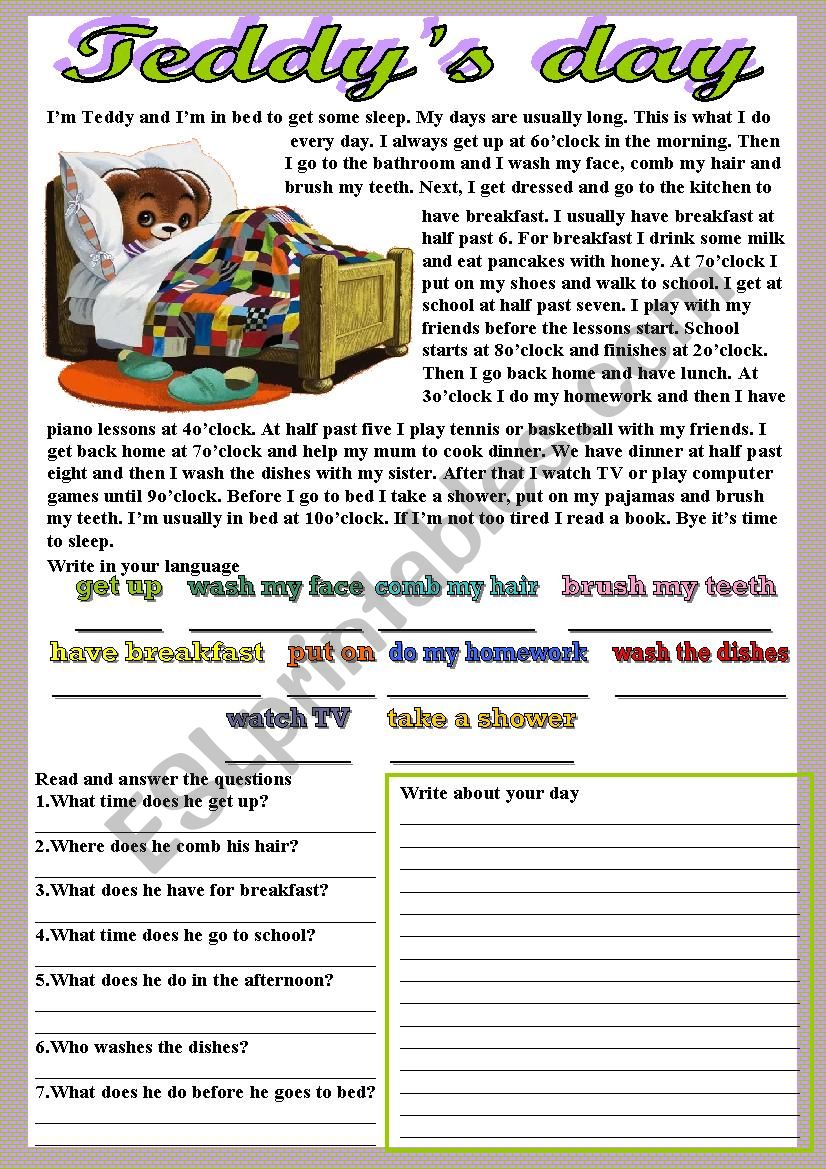 Teddys day worksheet