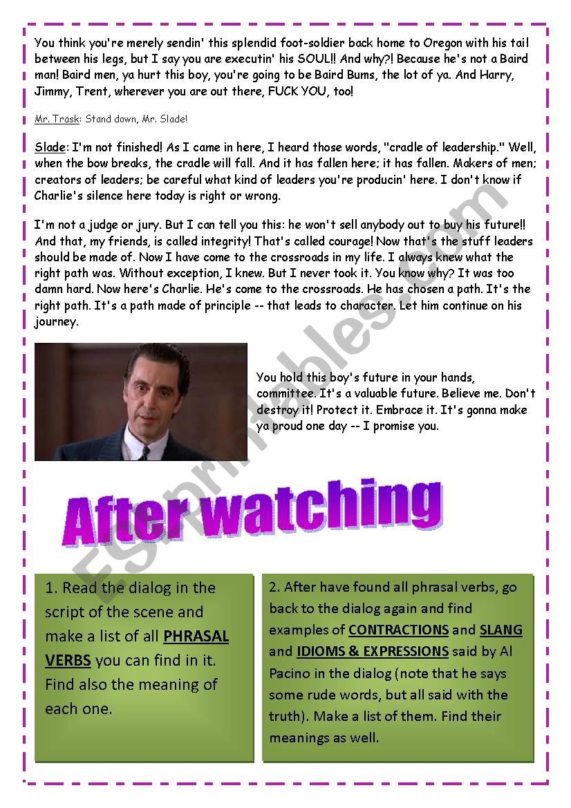 Guess The Movie What Is The Movie S Name 5 Pages With Exercises And Audio File Mp3 Video Session Movie Scent Of A Woman Al Pacino Speech Scene Transcriptions Inside