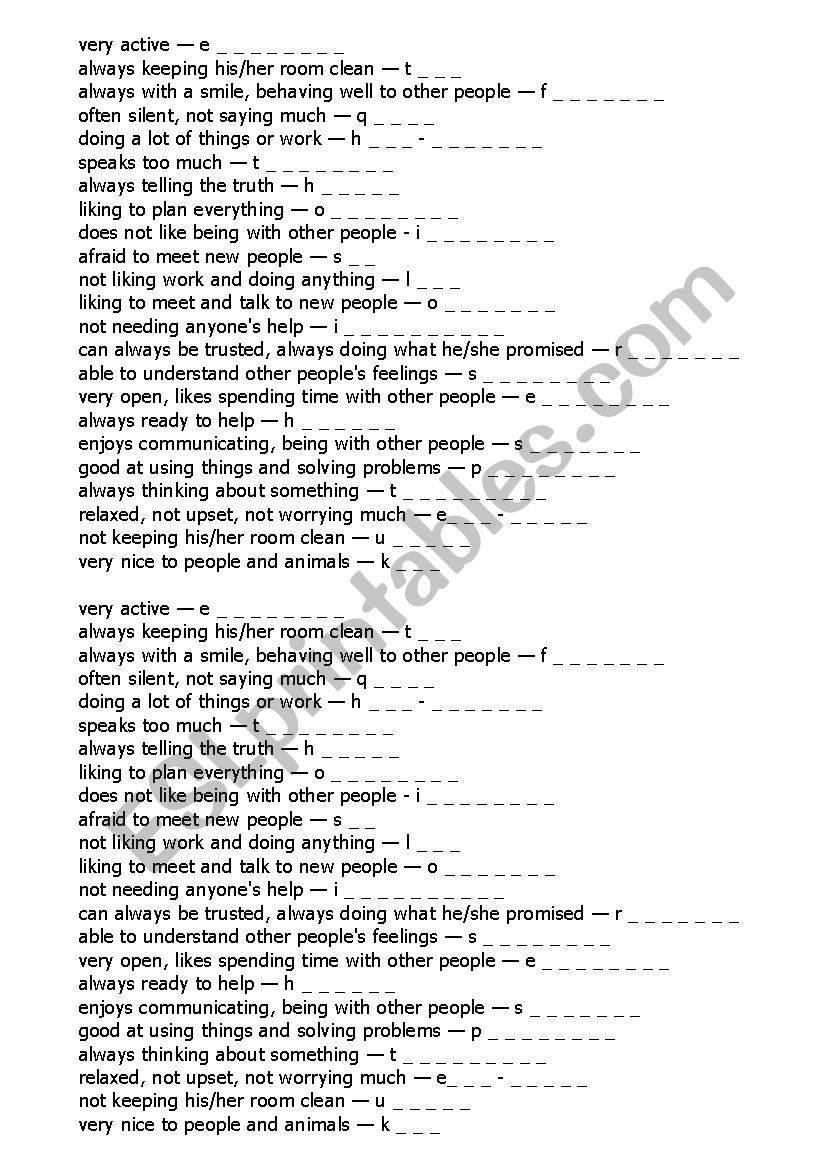 personality adjectives worksheet