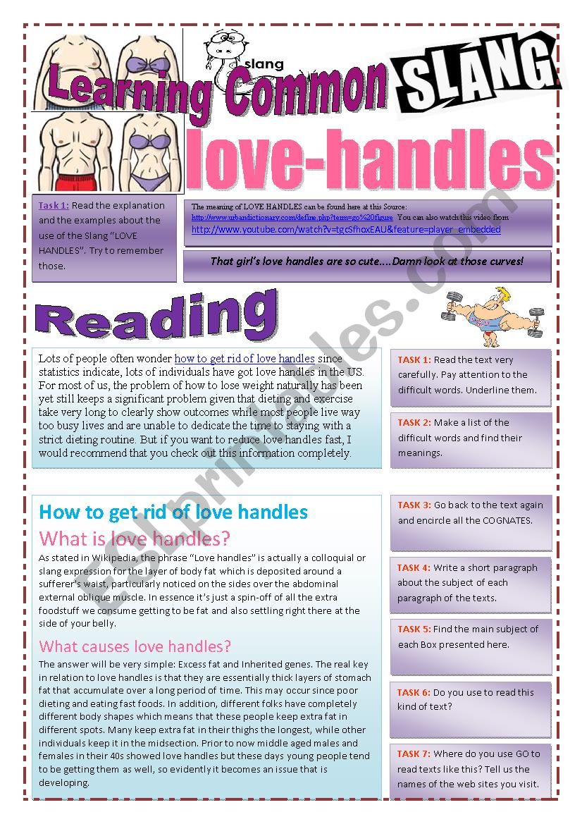 SLANG - Learning Common Slang - LOVE HANDLES Part 1 of  2 (4 pages) -VIDEO LINK - A complete worksheet with 10 exercises and instructions