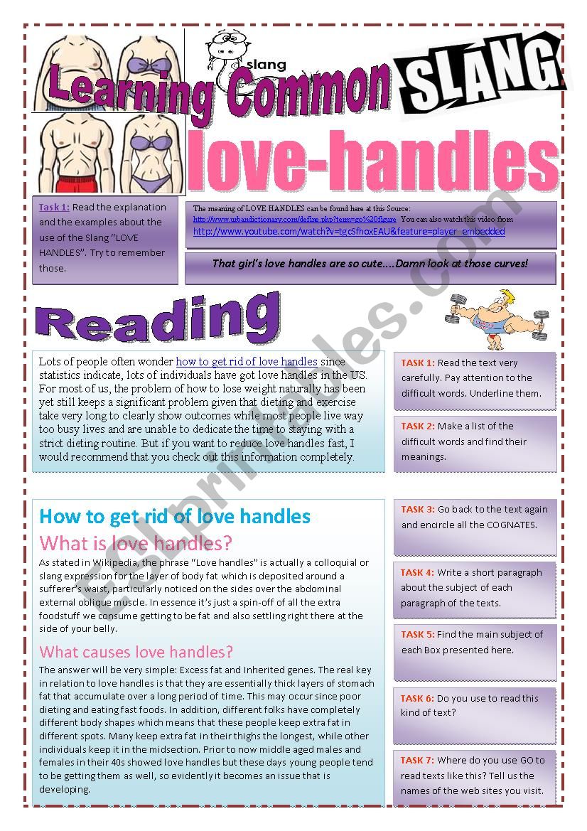 SLANG - Learning Common Slang - LOVE HANDLES Part 1 of  2 (4 pages) -VIDEO LINK - A complete worksheet with 10 exercises and instructions