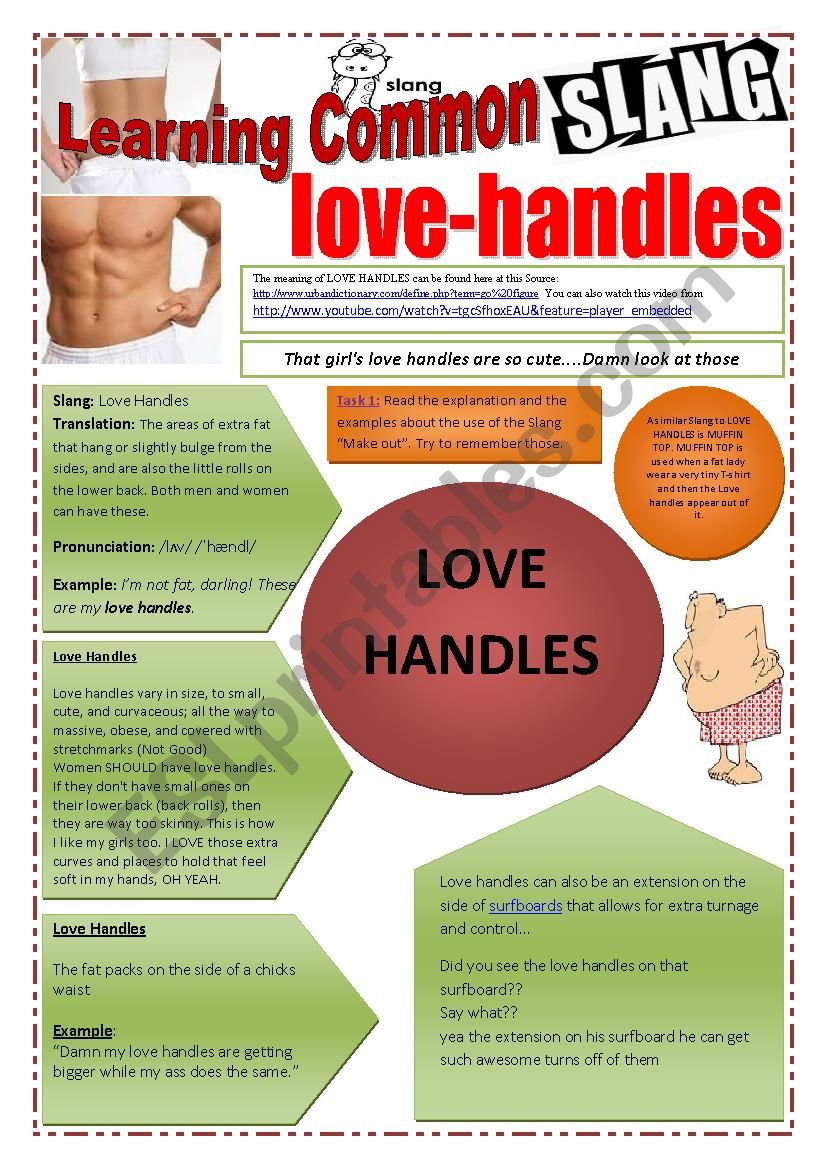 SLANG - Learning Common Slang - LOVE HANDLES Part 2 of  2 (4 pages) -VIDEO LINK - A complete worksheet with 10 exercises and instructions