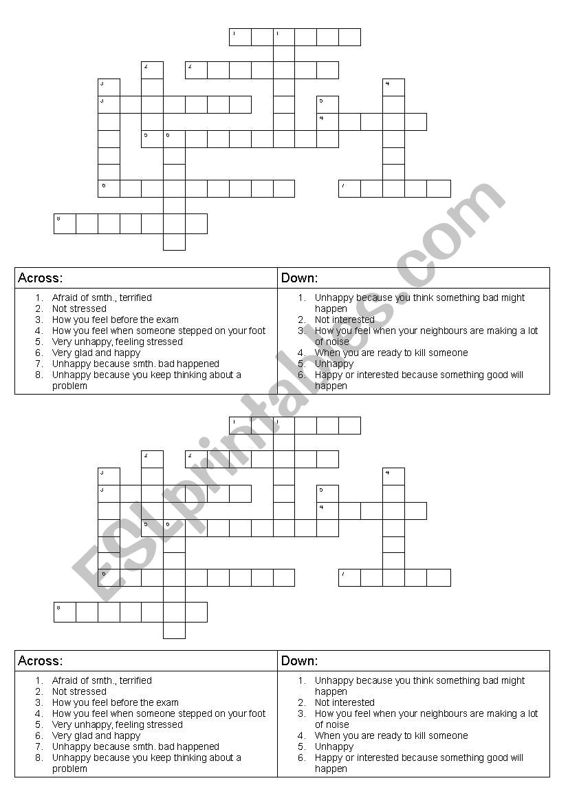 Feelings crossword worksheet